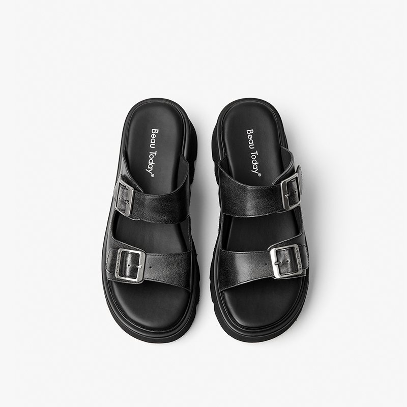 Platform BEAUTODAY Sandals Women Polished Cow Leather Solid Color Thick Sole Metal Strap Summer Ladies Shoes Handmade 38526 9351