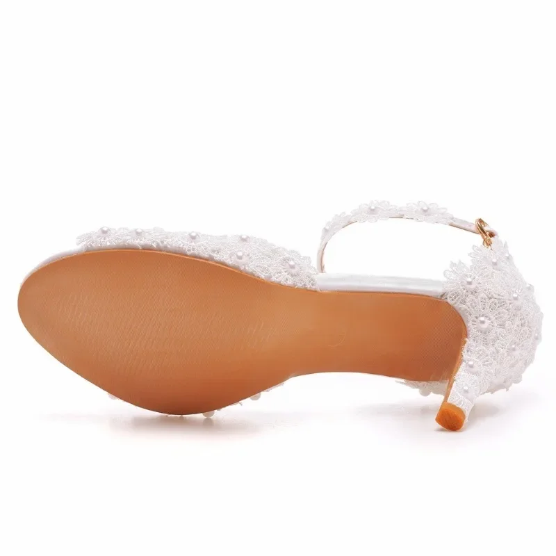 Sandals Women Height Increasing Pearl Lace wer New Decoration 7CM Thin Heels Buckle Strap Wedding Women's Shoe White Korean Style e6fc 's