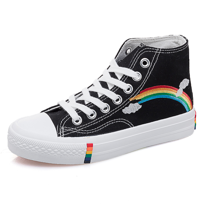 Canvas Sport Shoes Women High Top Rainbow Casual Sneakers Female Fashion 2024 Spring Flats Platform Lace Up Shoes Girls Tennis