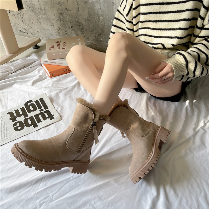 Women's British style cotton shoes with zipper and plush cotton boots