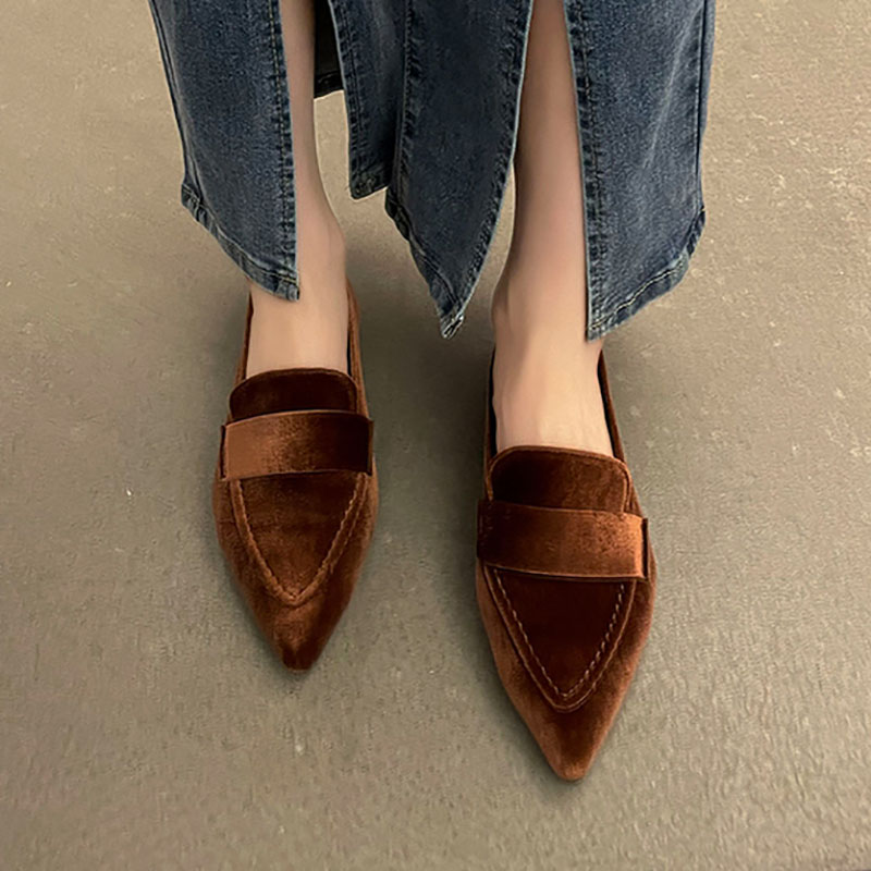Women's Velvet Flats Pointed Toe Slip on Flat Shoes Woman Loafers Sewing Boat Shoes Plus Size 42 Black Green Brown Purple 1106N