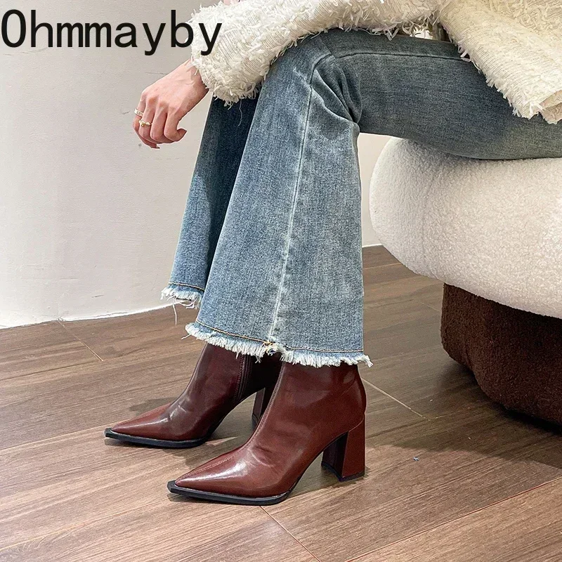 Designer Winter Ankle Fashion Back Zippers Pointed Toe Ladies Elegant Plush Short Boots High Heel Women's Footwear 7913