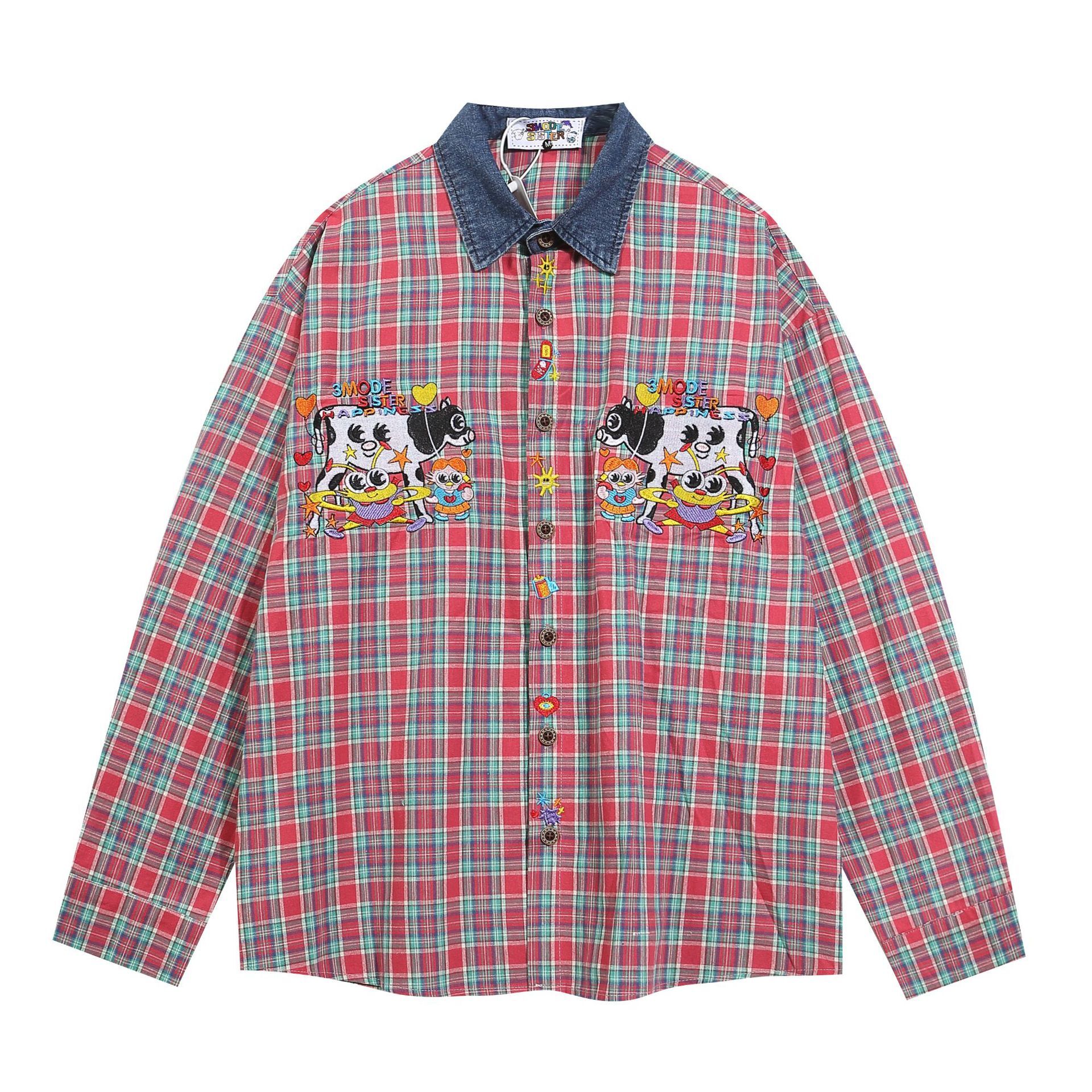 Autumn New Embroidered Color Blocked Cartoon Shirt Long Sleeved Street Versatile Casual Shirt Jacket