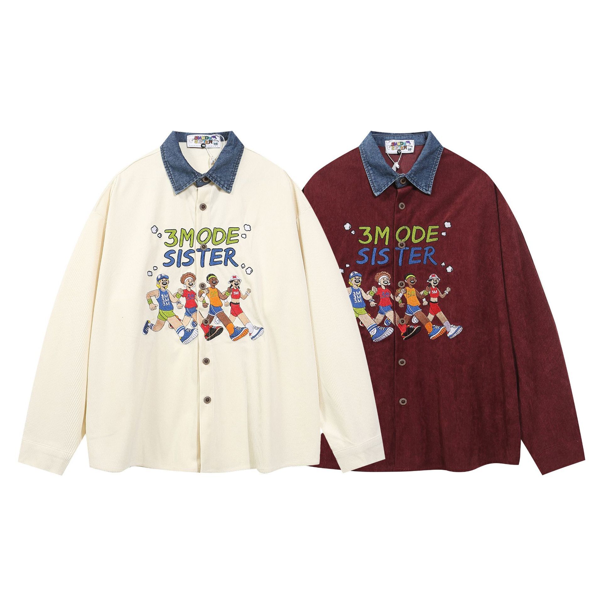 American College Style Athlete Embroidered Long Sleeve Shirt Mens and Womens Corduroy Bf Shirt Coat