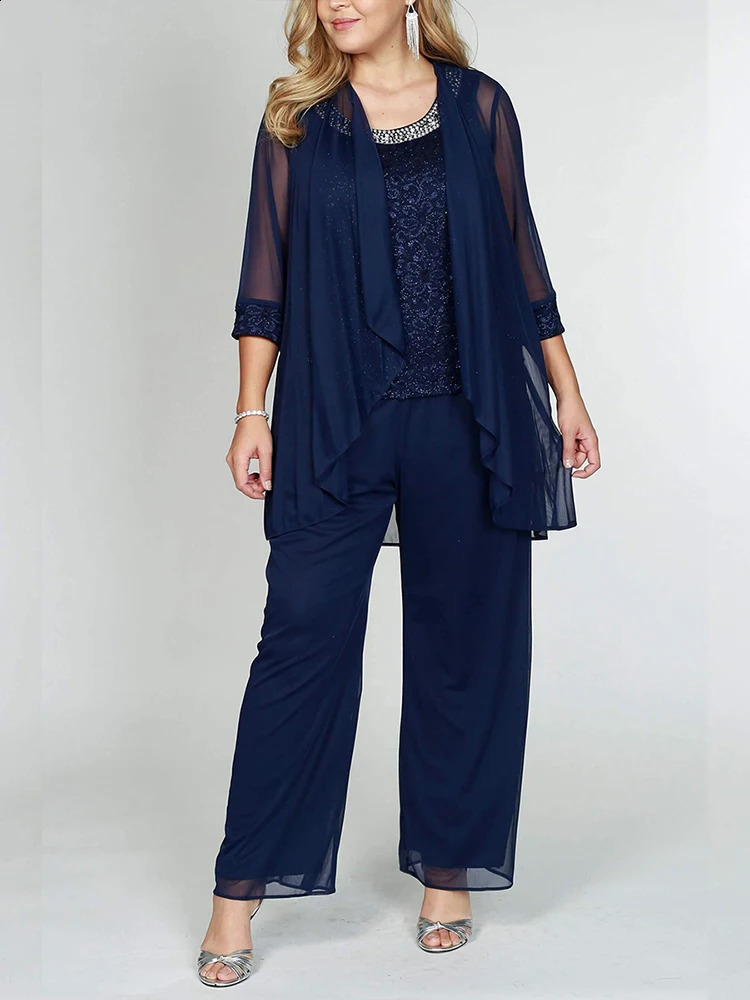 Plus Size Floral Lace 34 Sleeve Solid Three Pieces Set Pant Suits for Womens Matching Chiffon Elegant Loose Autumn Outfit 240829