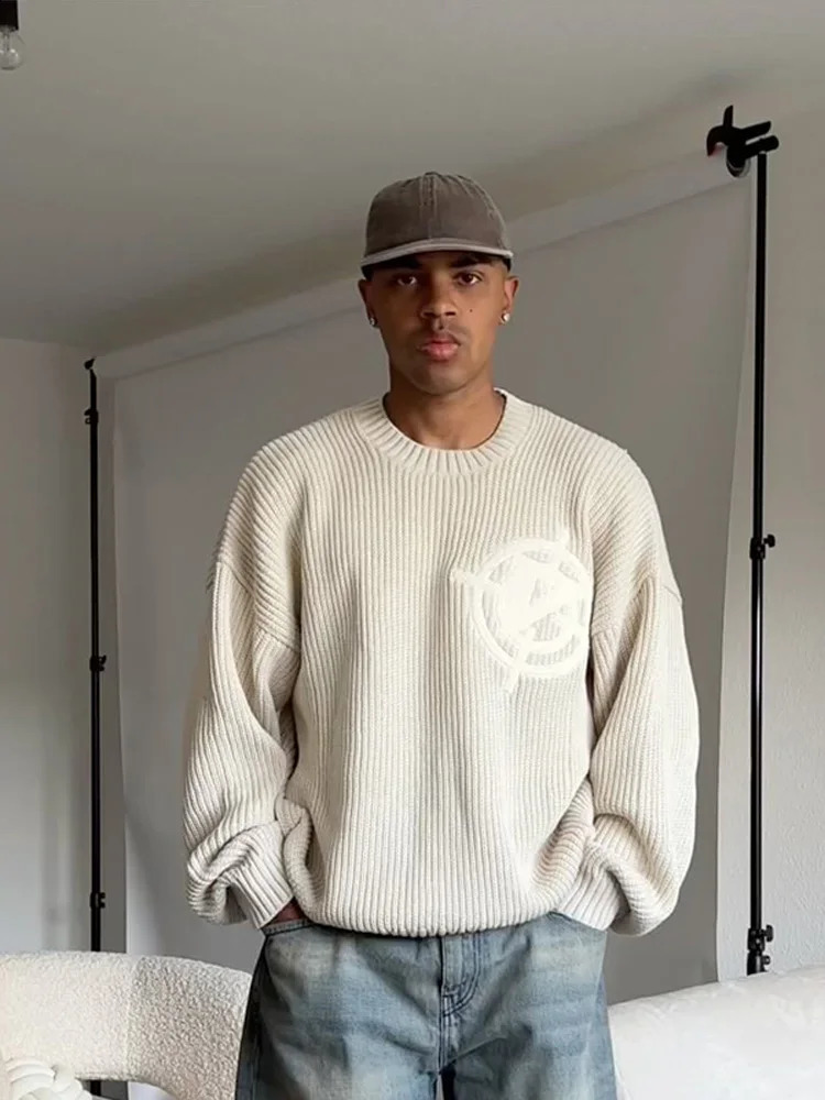 Mens waist letter printed O-neck sweater loose long sleeved solid warm pull jumper autumn fashion mens knitted sweater 240829