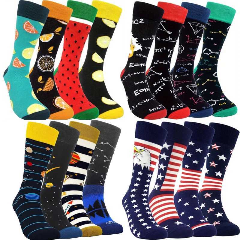 Men's Socks 4pairs Men Socks Personality Hip Hop Fashion Design Harajuku Skateboard Casual Happy Funny Fruit Stripe Printing Stock Y2408305B7U