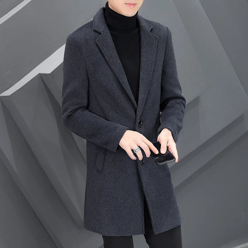 Solid color autumn and winter medium long wool coat casual mens long wool jacket business jacket top coat jacket windproof jacket 240829