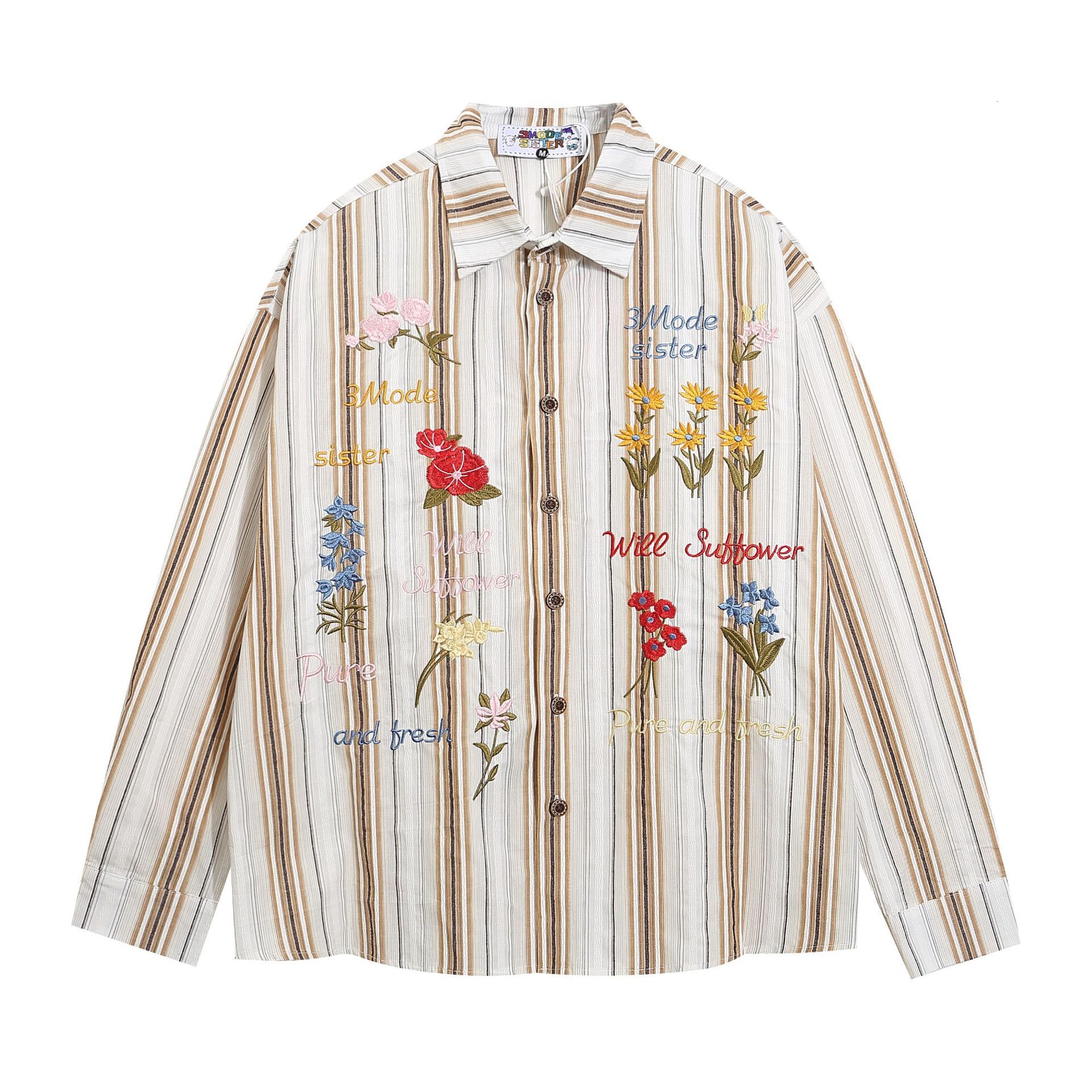 Instagram Trendy Flower Embroidered Striped Shirt New Casual Shirt Vintage