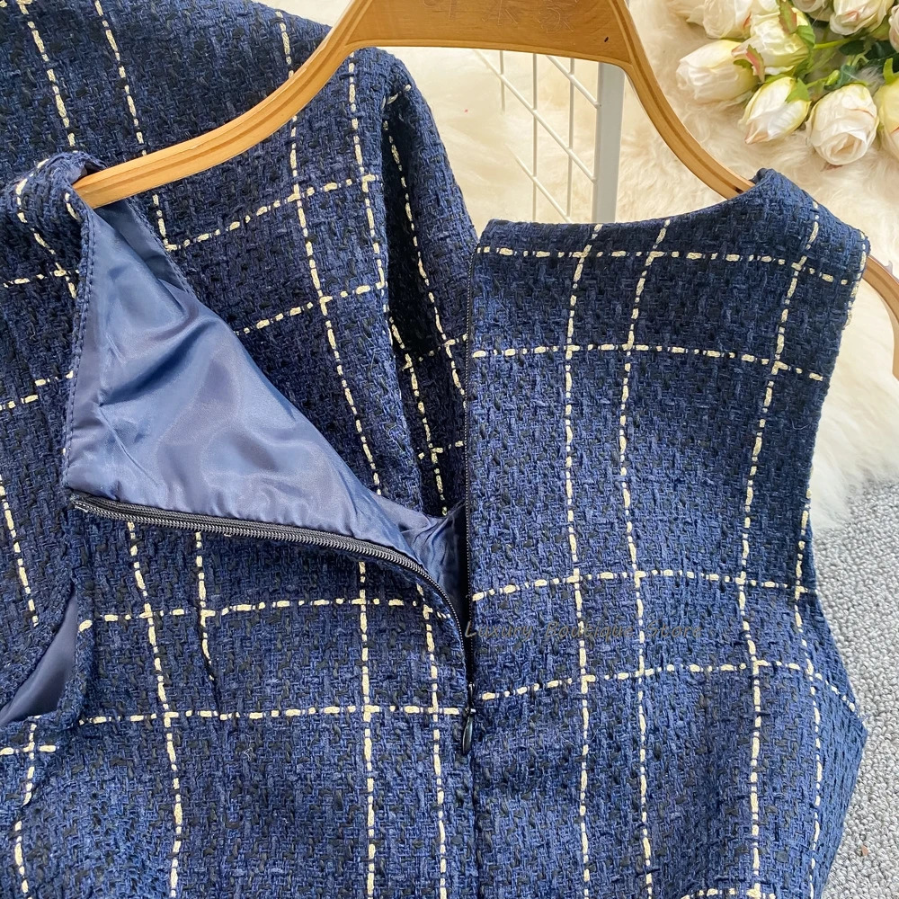 Metal Button Tweed Jacket And Tank Dress Of Short Coat Fashion Plaid Mini Dresses Autumn Winter Women Two Piece Set 240829