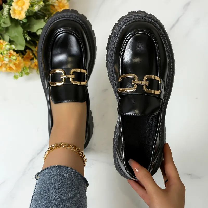 2024 Female Shoes Women Fashion Mary Janes Round Toe Flats Loafers Oxfords Platform Casual Metal Chain Buckle Ladies Heels Black efb