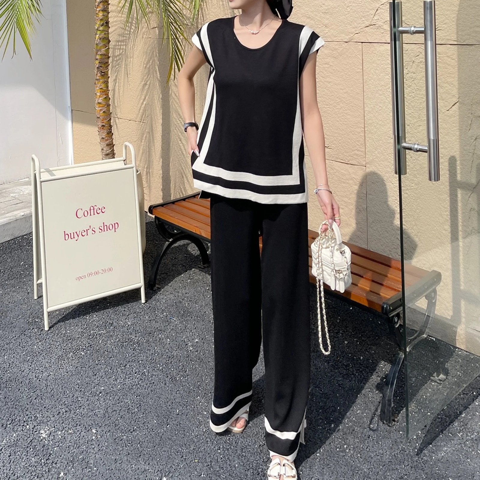 Irregular Side Split Womens Set Elegant ONeck Knitted Striped Sweater Top With Elastic Waist Wide Leg Pants Two Piece 240829