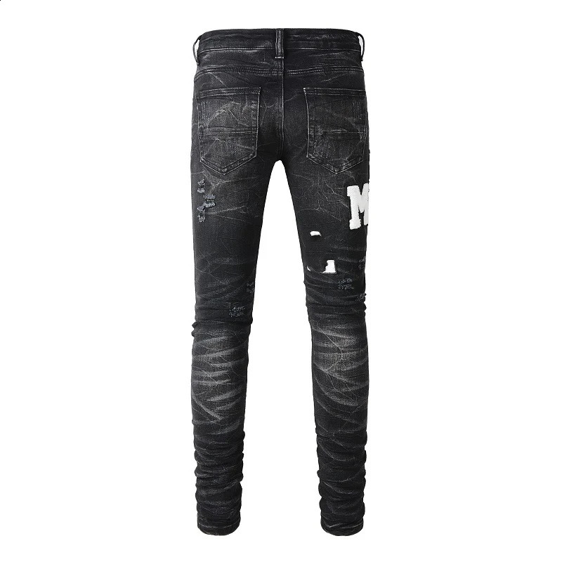 Mens High Street Black Jeans Embroidered Letter Tight Elastic Jeans 240829