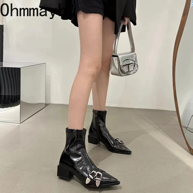 Ankle Winter Boots Fashion Pointed Toe Short Botas Ladies Elegant Square Low Heel Metal Decoration Women's Footwear 41cc