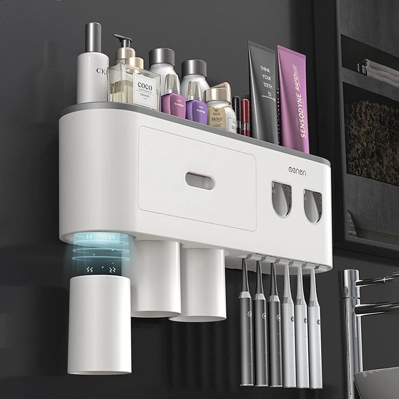 Wall-mounted Toothbrush Holder With 2 Toothpaste Dispenser Punch-free Bathroom Storage For Home Waterproof Bathroom Accessories 240830