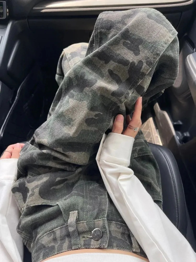 American street camouflage casual womens jeans Y2k EGirl high waist straight triple pants spring loose wide leg 240827