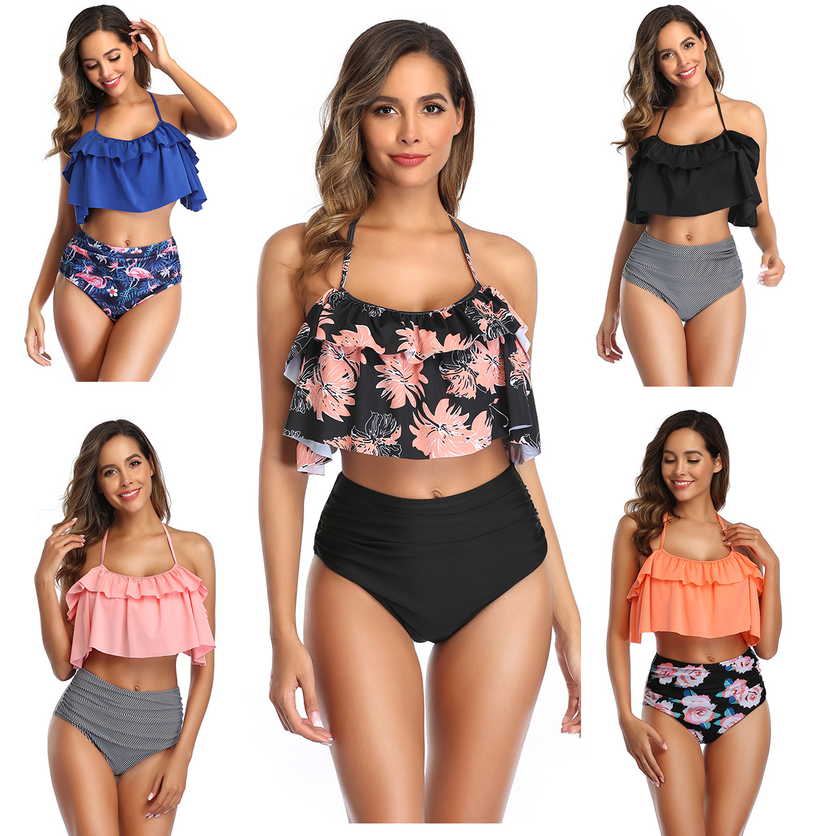 Women Swimsuits High Waist Bikini Sets Ruffles 2 Pieces Swimwear Women Summer Beachwear Swim Surfing Clothes Bikinis New