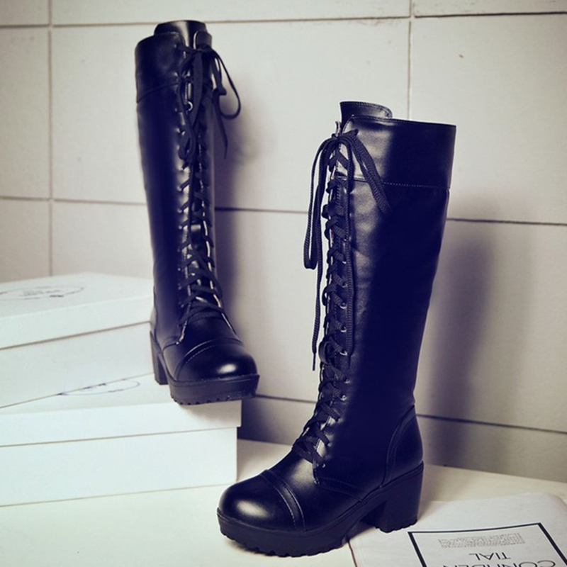 Snow Winter Boots Women Fashion Knee High Boot Casual Punk Heels Lace up Black White Footwear Long Shoes Ladies Large Size c0af