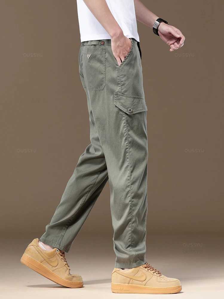 Summer soft Lyocell fabric mens cargo pants solid color workwear elastic waist casual pants Korean outdoor jogging Trouser mens W240829
