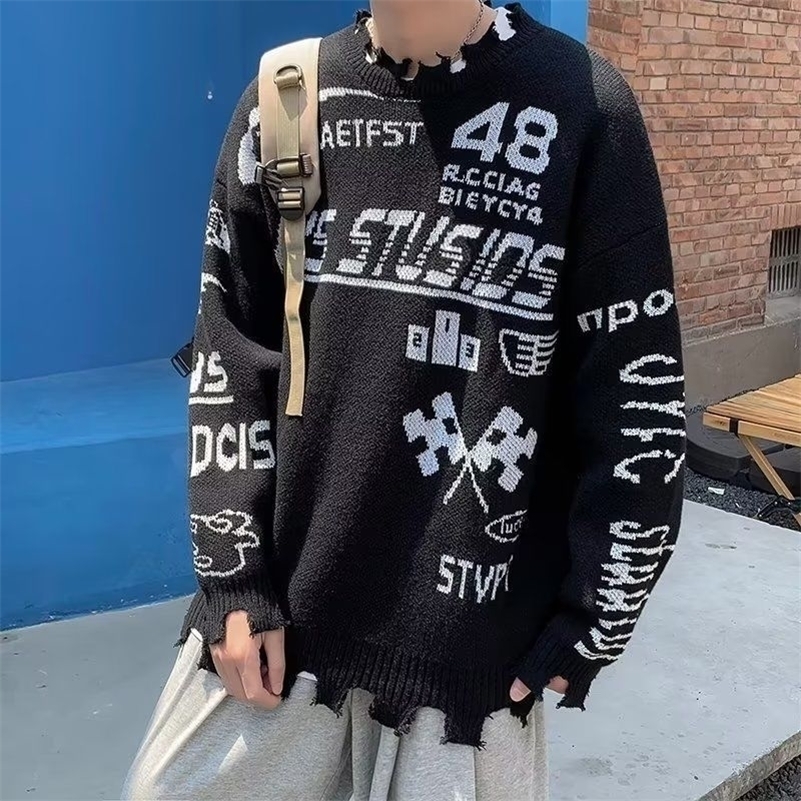 Y2k motorcycle style mens sweater Harajuku Gothic hip-hop knit pull off Korean fashion streetwear sweater 240829