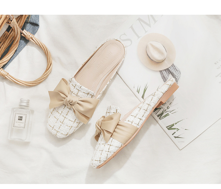 2025 Luxury Woman Mules Summer Designer Shoes Close Toe Women Slippers Bowtie Lazy Slides Flat Heel Girl Slippers Korean Outdoor Flip Flops