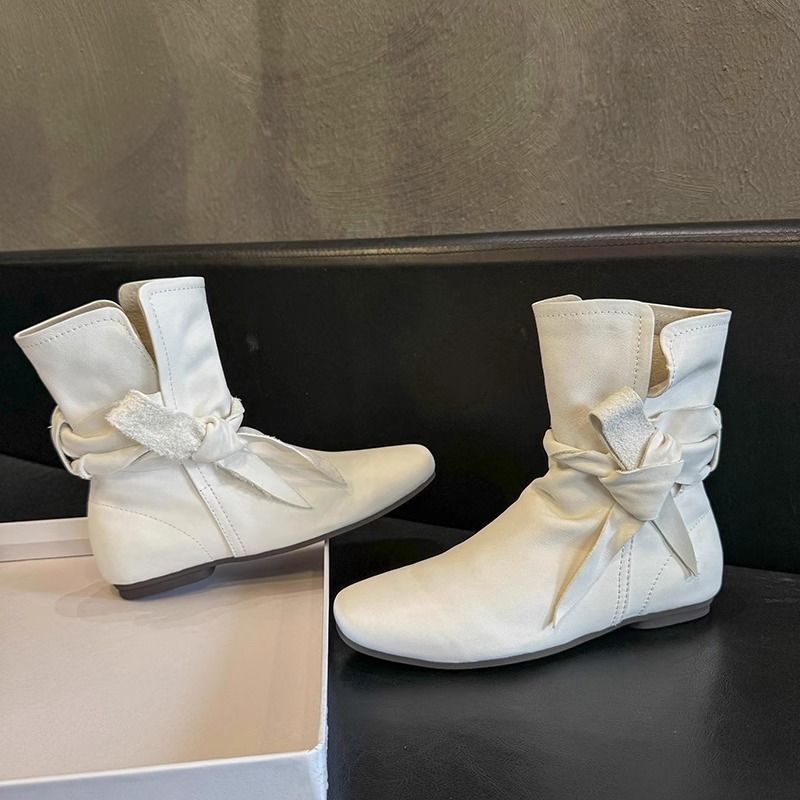 Women's bow retro slimming western flat boots