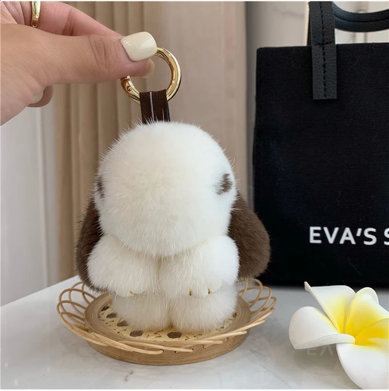 Cute Long Ear Bunny Keychain Real Mink Fur Rabbit Doll Pendant Toys Keyring Handbag Charm Ornament Pompom Plush Jewelry Gifts y240829