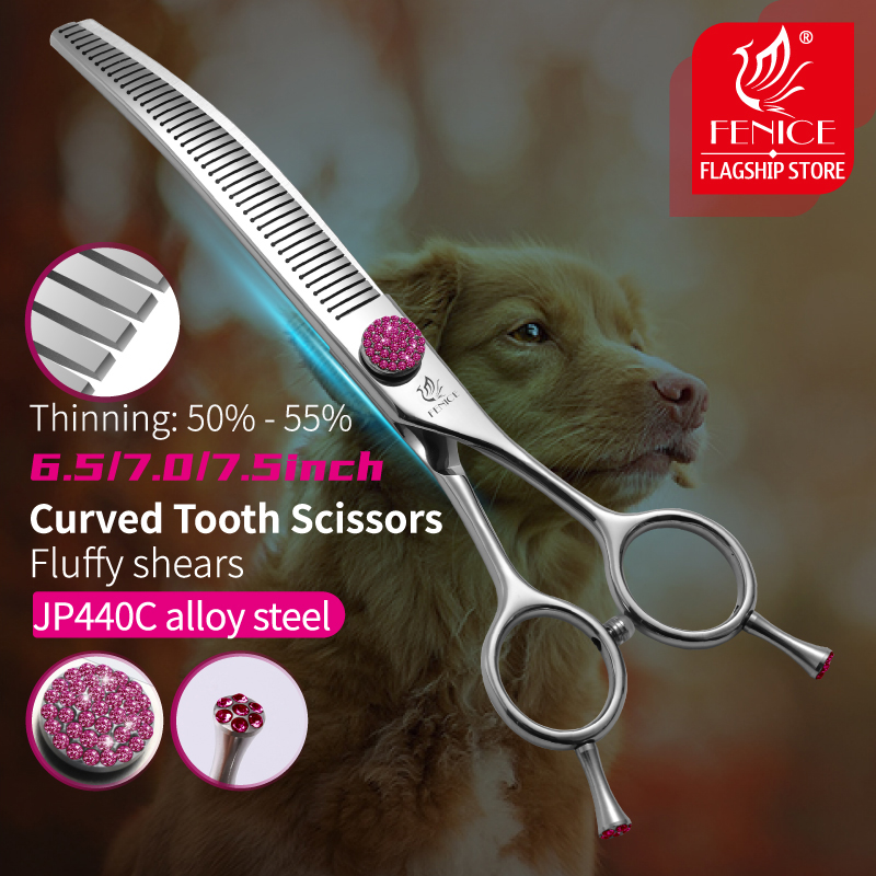 Fenice 6.5/7/7.5 inch curved thinning scissors pet dog grooming shears Bichon dog scissors fluffy traceless thinning rate 50-55%
