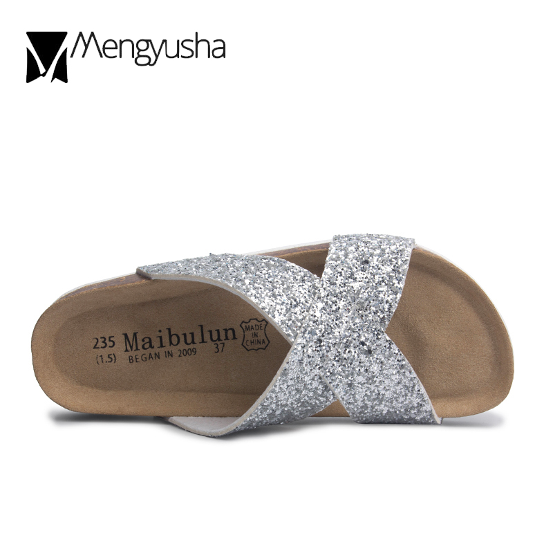 2025 new black/sier cork glitter women summer sequined beach slipper flip ps sandals shoes flat with plus size 45 c464