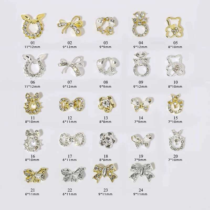 1 silver gold metal shiny bow star shaped nail charm 3D rhinestone nail decoration accessory tip DIY W240829
