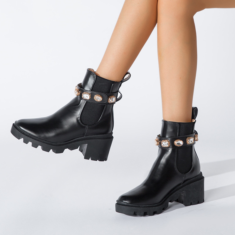 Diamond Riding boots female women shoes elastic band mid-calf knight bottes chunky high heels crystal stretch botas mujer 2021