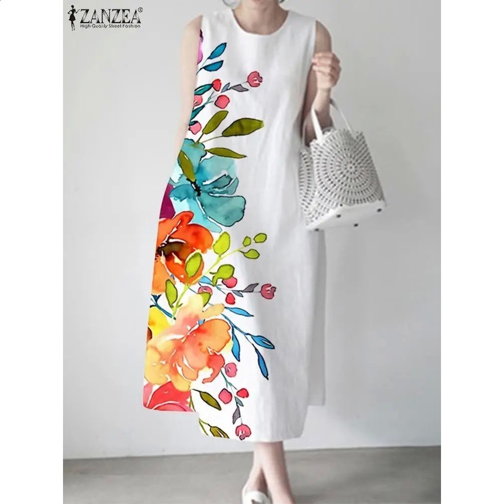 Saiqigui Summer Dress Plus Size Short Sleeve White Women Casual Cotton Linen Lotus Printing O-Neck Vestidos de Festa 210623