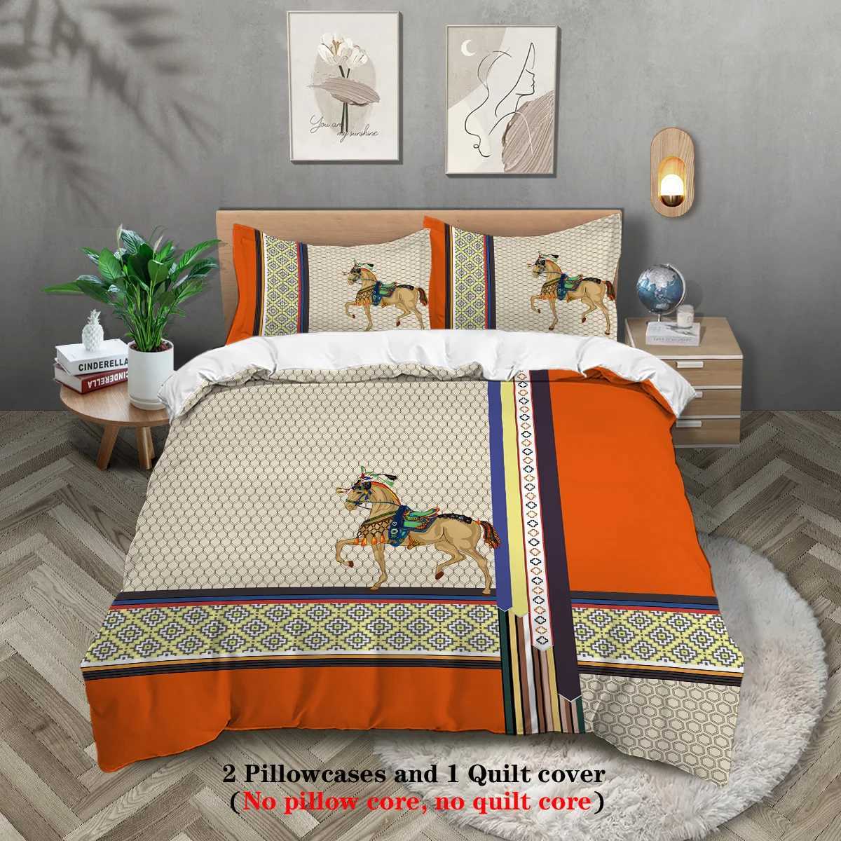 3 Pieces of Luxurious Orange Spliced Digital Printing Skin Friendly Breathable 1 Duvet Cover+2 Unfilled Bedding Set T240829