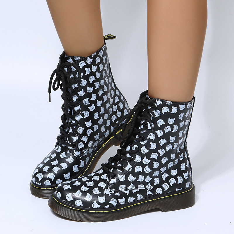 European and American flat bottom flower lace-up Martin boots for women large size printed high top leather boots Leather boots