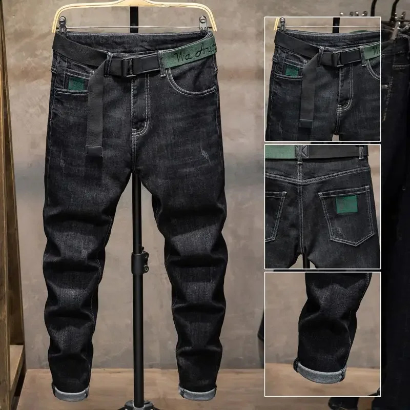 Winter Pants Brushed Denim Fabric Korean Style Clothes Street Mens Boots Cut Stretch Slim Plush Wool Thicken Jeans 240826Z