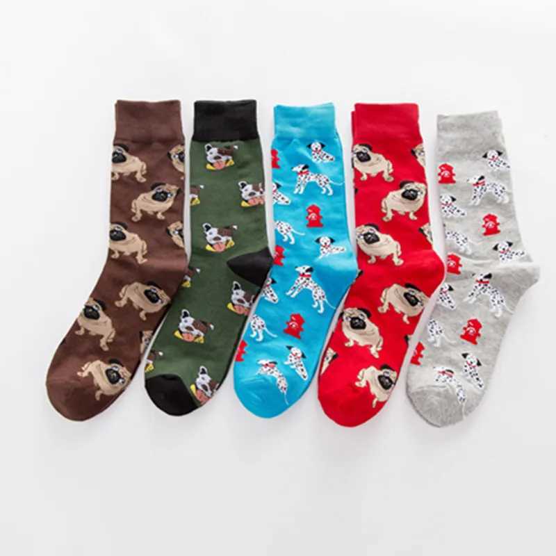 Men's Socks 5 pairs of socks plus size autumn and winter new colorful dog socks mens mid-tube casual cotton socks wholesale Y240830ZUJS
