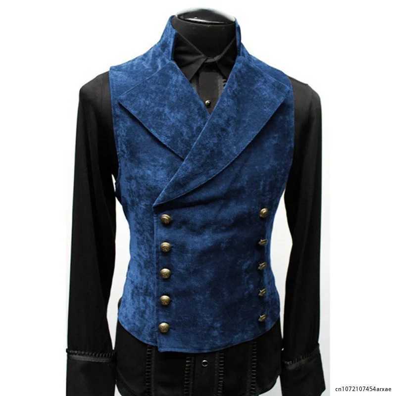Mens Double Breasted Gothic Steampunk Velvet Vest Stand Collar Medieval Victorian Black Waistcoat Men Stage Cosplay Prom Y240830