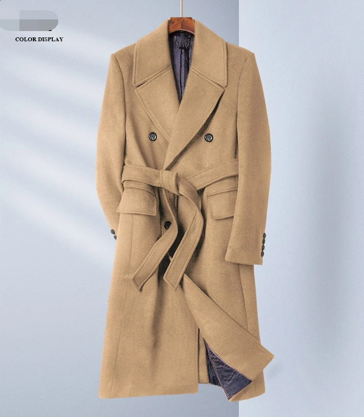 Mens wool stretch coat high-end camouflage handmade waistband casual double row plus size thin wool jacket 240829