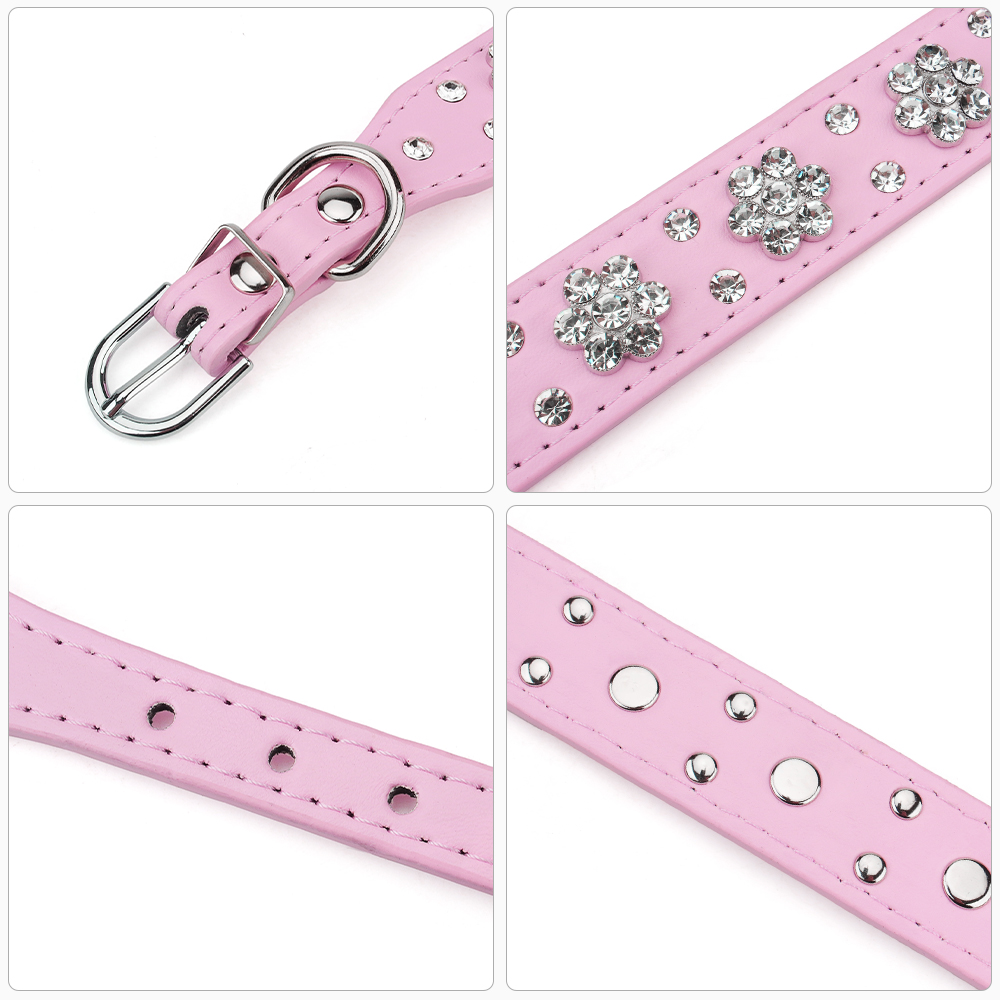 Leather Cat Collar with Shiny Rhinestone Decoration, Adjustable Pet Collar Metal Grommet Is Durable and Fits Cats & Medium Dogs