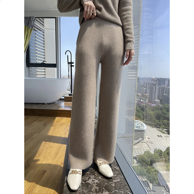 Knitted wide leg pants wool cashmere womens warm knit elegant loose 240827