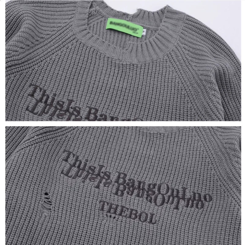 Letter Embroidery Retro Lazy Style Knitted Sweater Y2K Fashion Mens High Street Tear Hole O-Neck Puller 240829