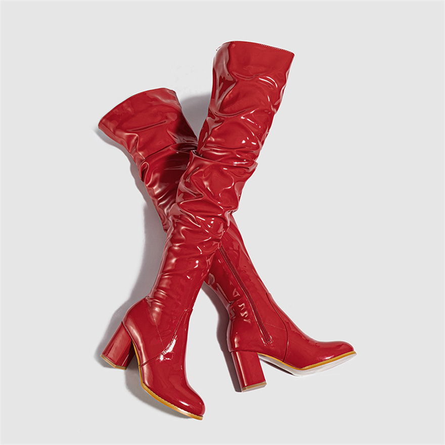 Women's Thigh High Boots Black Red Patent Leather Over The Knee Boots Round Toe Zippers Ladies Square Heel Sexy Party Long Shoes