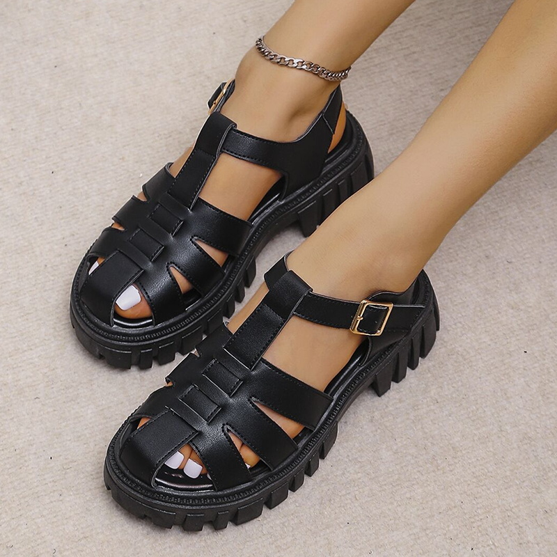 Lucyever Rome Closed Toe Platform Sandals for Women Buckle Strap Thick Bottom Sandals Woman Summer Pu Leather Student Shoes