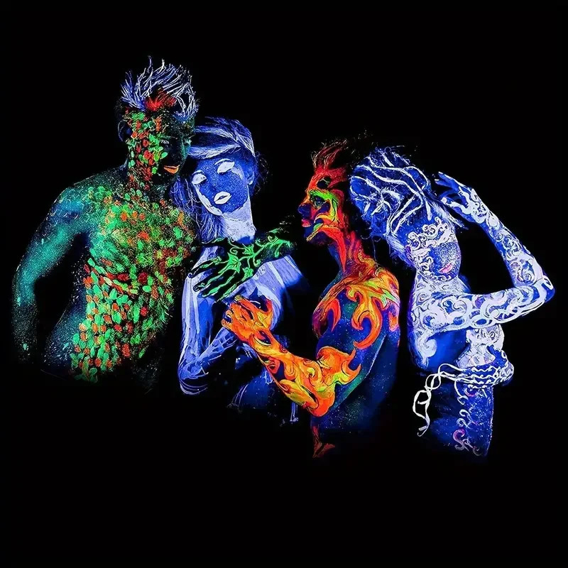 Two tone fluorescent makeup with UV glow for Halloween Christmas themed parties role-playing and club stage performances 240829