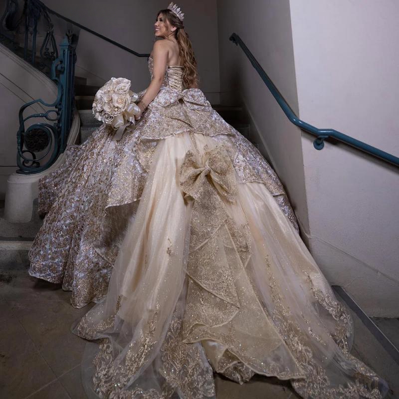 Champagne Sweetheart Ruffles Bow Ball Gown Quinceanera Dresses Sequined Lace Beading Crystal Corset Vestidos De 15 Anos