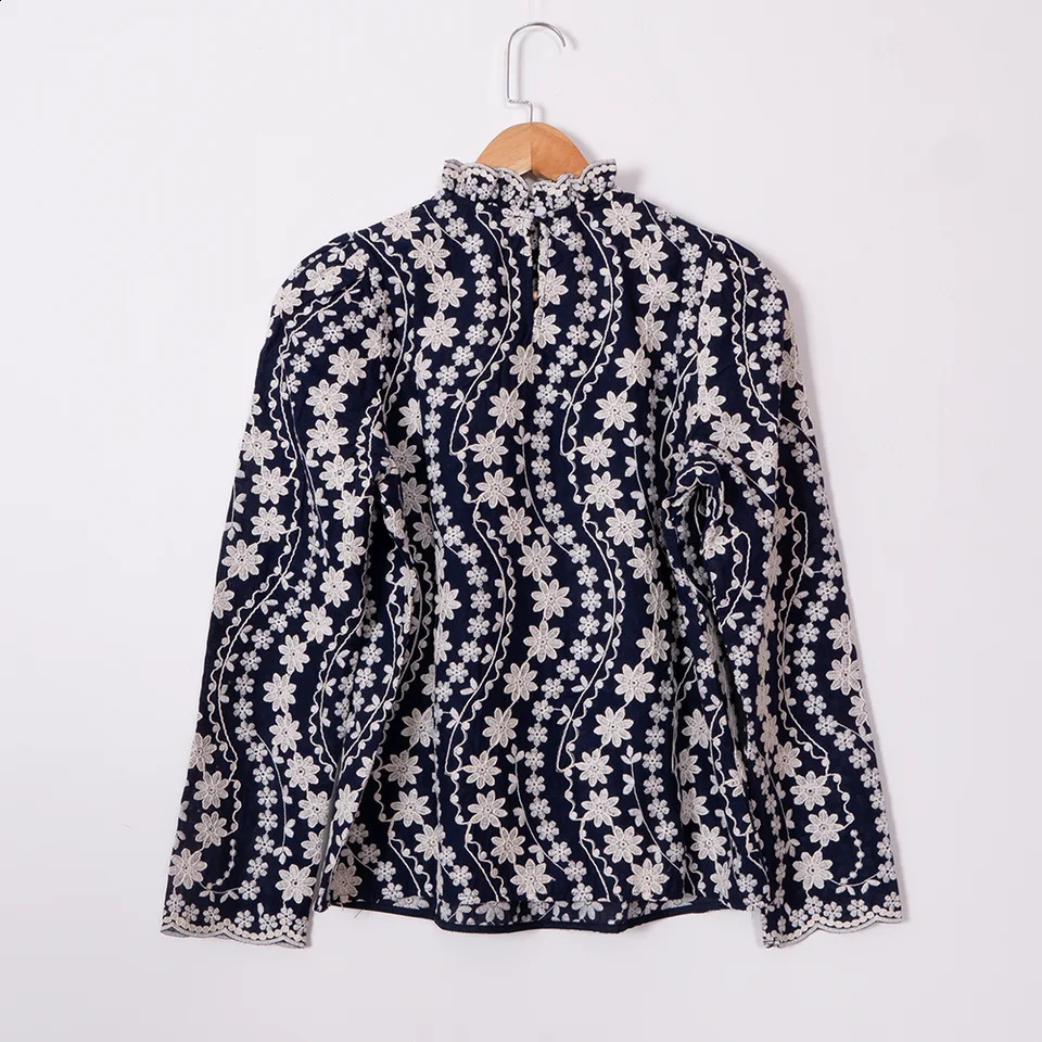 ZESSAM Flower Embroidery Women Shirt Half High Collar Long Sleeve Button Lace Pullover Vintage Classic Casual Lady Top 240827