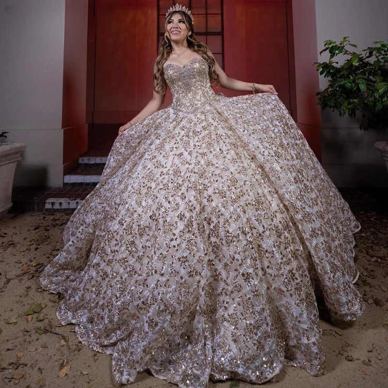 Champagne Sweetheart Ruffles Bow Ball Gown Quinceanera Dresses Sequined Lace Beading Crystal Corset Vestidos De 15 Anos