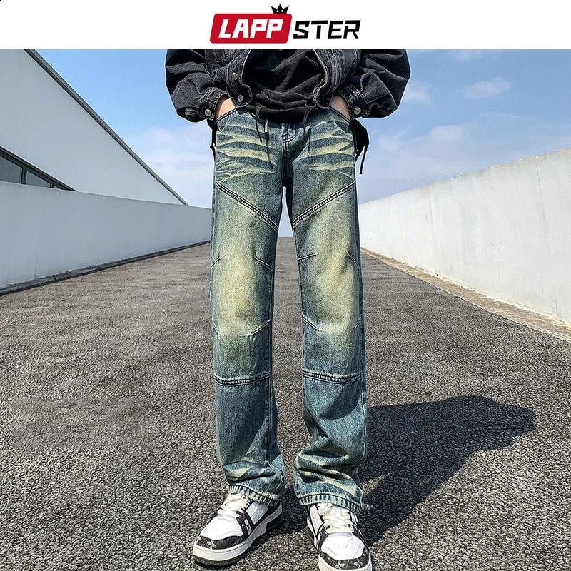 LAPPSTER Washed Y2k Streetwear Stacked Jeans Pants 2023 Striped Korean Fashions Chic Harajuku Hip Hop Brushed Denim 240826Z
