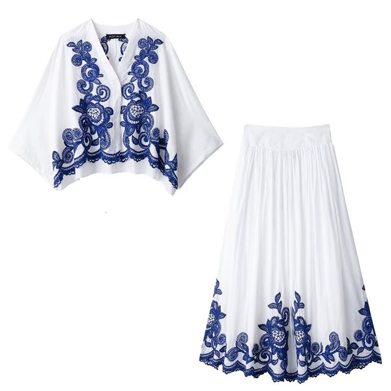 TRAFZA Womens 2piece Blue Embroidered Single Piece Loose ShirtUnique High Waist Folded Street Skiing Clothes 240829