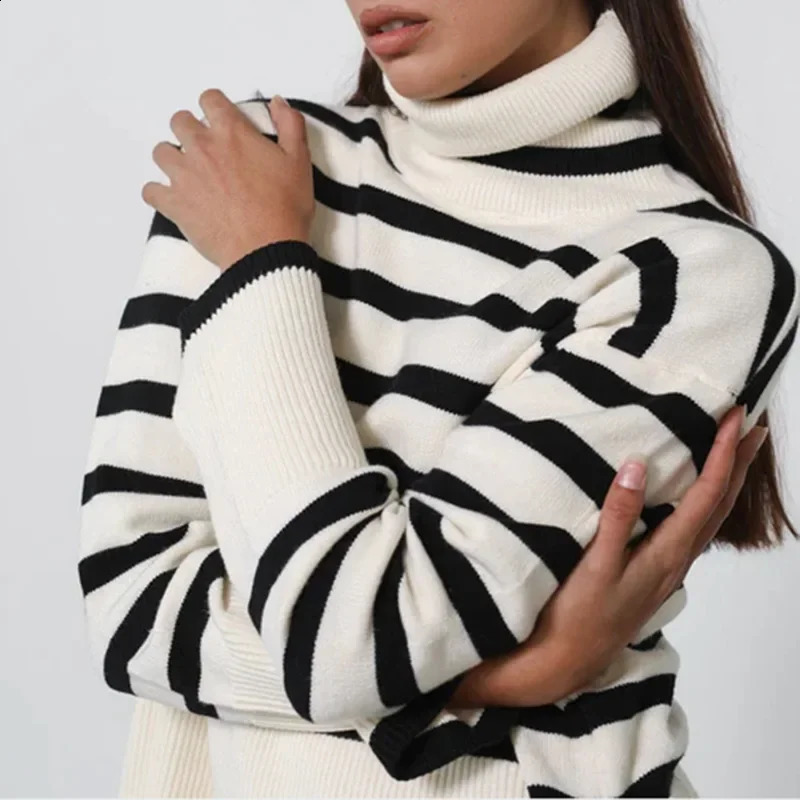 Fashionable Polo Turtle Neck Flare Sleeve Black White Stripe Knit Pullover Sweater Thickened Streetwear For Men Women 240829